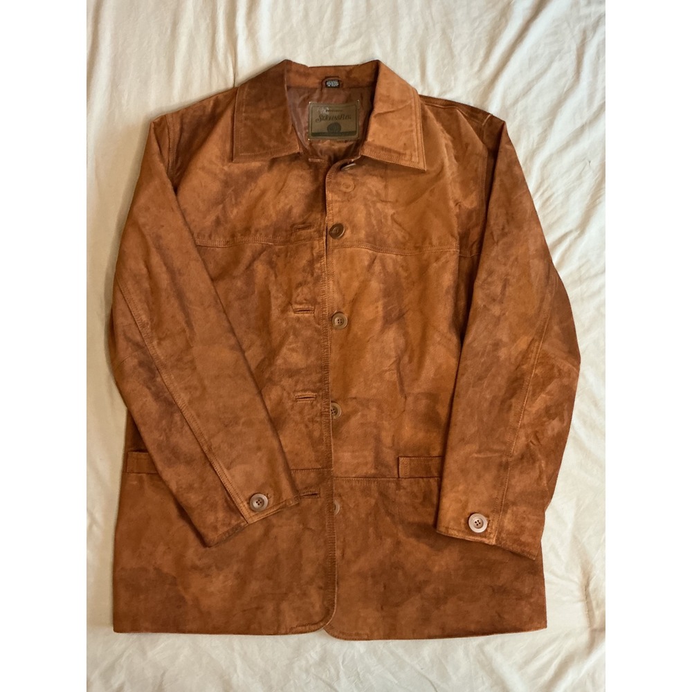 St Johns Bay Mens Faux Suede Jacket Brown Button Front Cognac Medium RN 93677